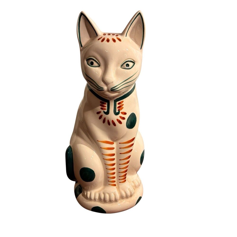 Nancy Lopez Vintage 1980 Ceramic Cat Figurine, Hand Painted White W/ Green Dots